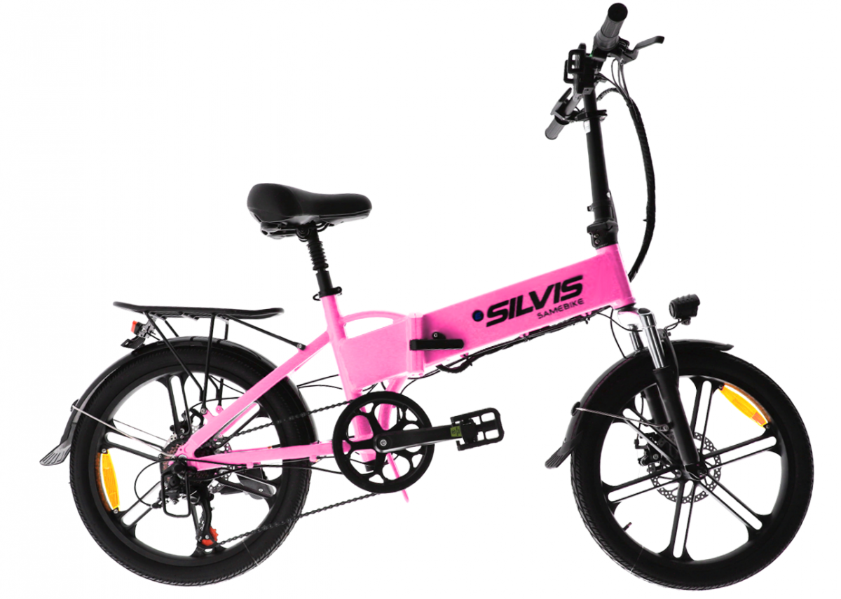 Bicicleta Electrica Pliabila Silvis 20" Roz, 350 W, 7 Viteze Shimano, Rulare full electric sau pedalare asistata, 25km/h, Baterie 10.4AH